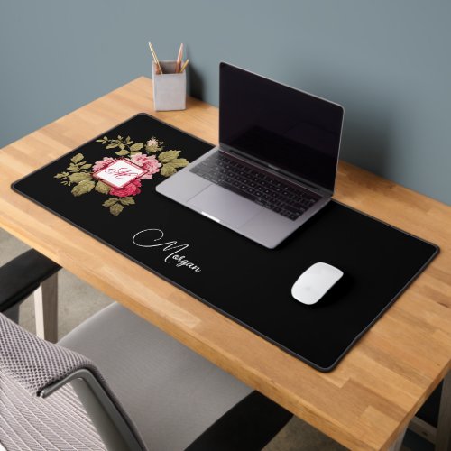 Elegant Pink Roses wMonogram_Black Background Desk Mat