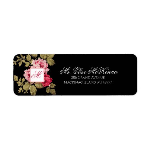 Elegant Pink Roses wMonogram_Black Background Label