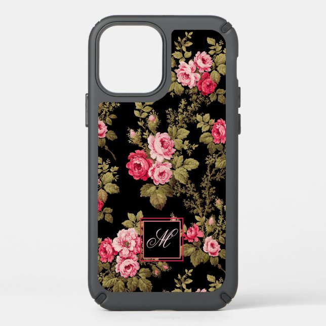 Elegant Pink Roses w/Monogram-Black Background Speck iPhone 12 Case (Front)