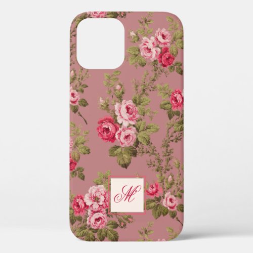 Elegant Pink Roses wMonogram_Old Rose Background iPhone 12 Case