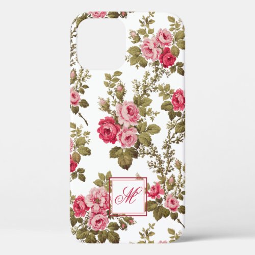 Elegant Pink Roses wMonogram_White Background iPhone 12 Case