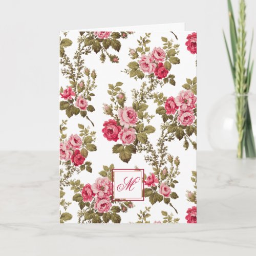 Elegant Pink Roses wMonogram_White Background Note Card