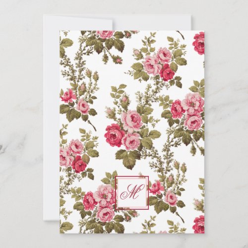 Elegant Pink Roses wMonogram_White Background Note Card