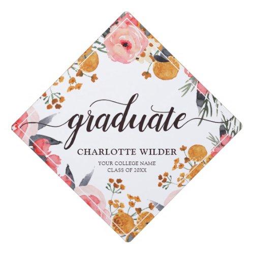 Elegant Pink Roses Watercolor Floral Graduation Graduation Cap Topper