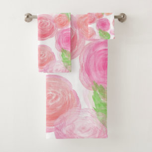 Elegant Pink Roses Watercolor Floral Pattern Bath Towel Set