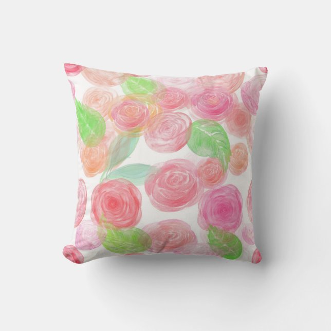 Elegant Pink Roses Watercolor Floral Pattern | Throw Pillow (Front)