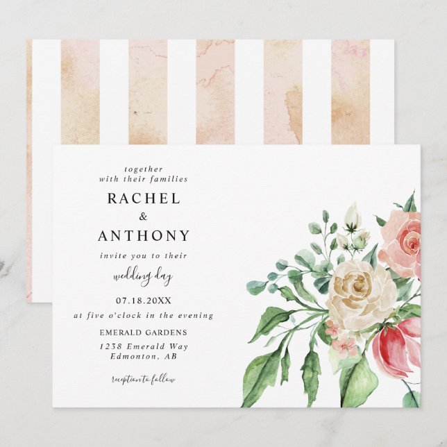 Elegant Pink Roses Watercolor Romantic Garden Invitation (Front/Back)