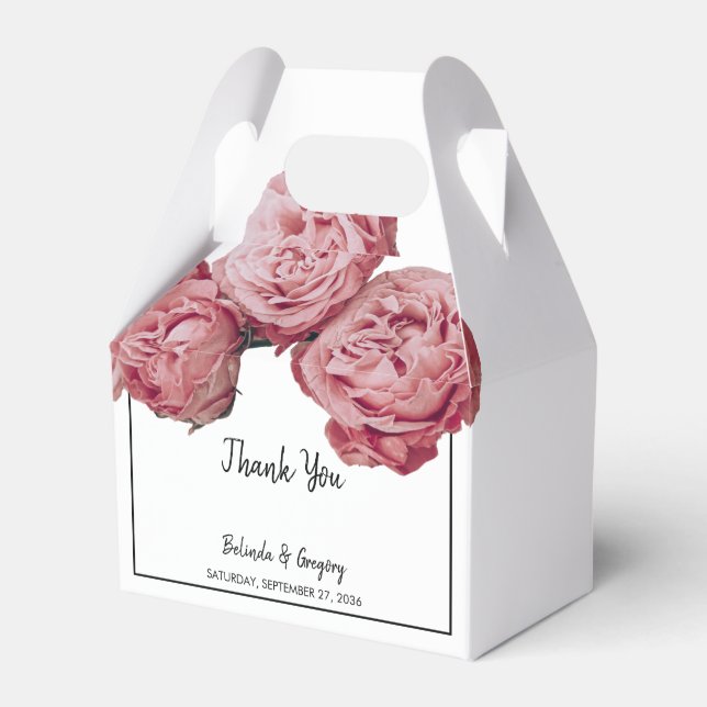 Elegant Pink Roses Wedding Favor Boxes (Front Side)
