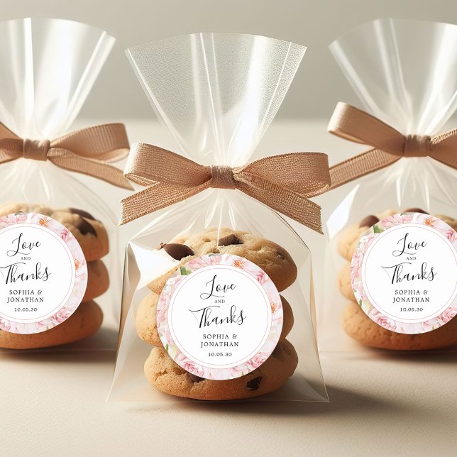 Elegant Pink Roses Wedding Favor Thank You Classic Round Sticker (Elegant Pink Roses Love and Thanks Wedding Favor Stickers)