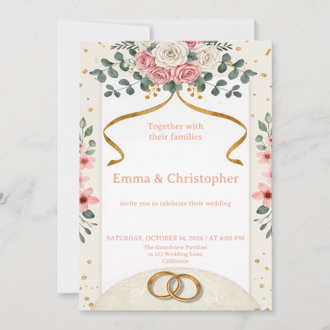 Elegant Pink Roses Wedding Invitation (Front)