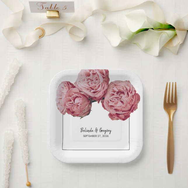 Elegant Pink Roses Wedding Paper Plates (Wedding)