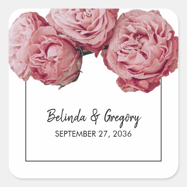 Elegant Pink Roses Wedding  Square Sticker (Front)