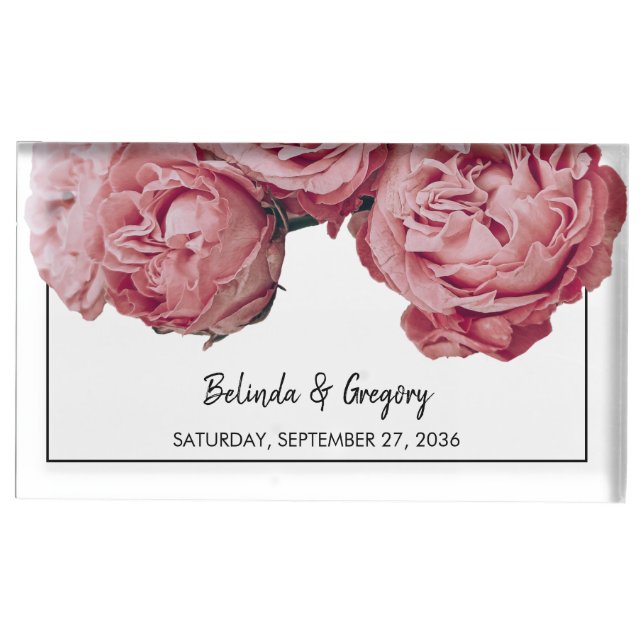 Elegant Pink Roses Wedding Table Number Place Card Holder (Front)