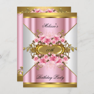 Elegant Pink Roses White Gold Birthday Party Invitation