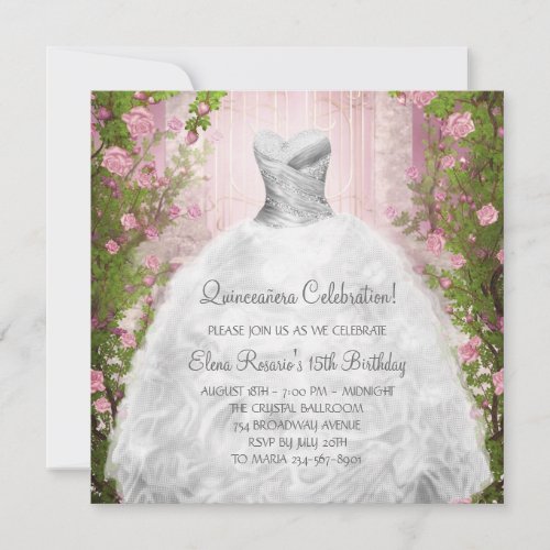 Elegant Pink Roses White Quinceanera Invitations