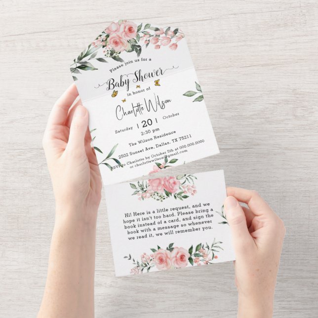 Elegant Pink Roses with Butterflies Baby Shower All In One Invitation (Tearaway)