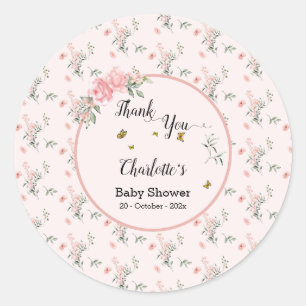Elegant Pink Roses with Butterflies Baby Shower Classic Round Sticker