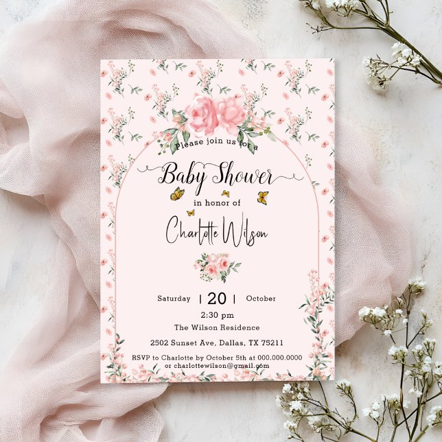 Elegant Pink Roses with Butterflies Baby Shower Invitation (Creator Uploaded)