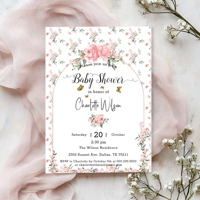 Elegant Pink Roses with Butterflies Baby Shower Invitation (Creator Uploaded)