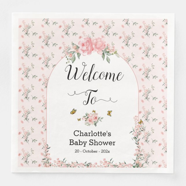 Elegant Pink Roses with Butterflies Baby Shower Paper Dinner Napkins (Front)
