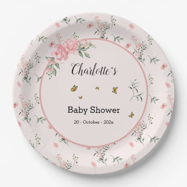 Elegant Pink Roses with Butterflies Baby Shower Paper Plates (Front)