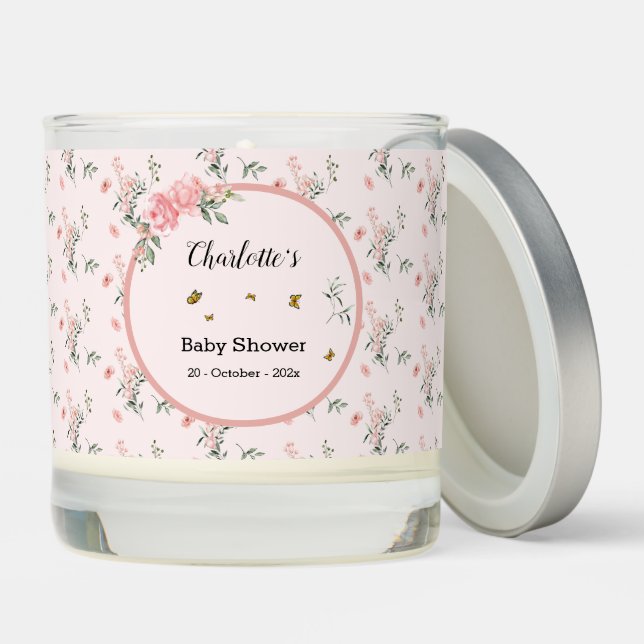 Elegant Pink Roses with Butterflies Baby Shower Scented Candle (Lid)