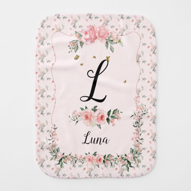 Elegant Pink Roses with Butterflies Burp Cloth (Front)