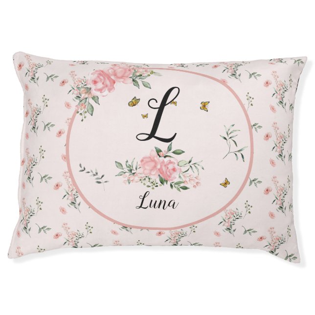 Elegant Pink Roses with Butterflies Dog Bed (Front)