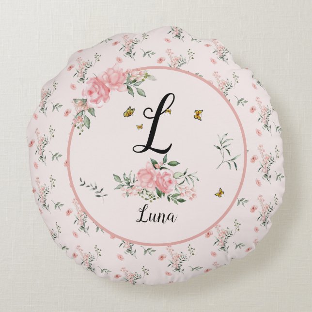 Elegant Pink Roses with Butterflies Round Pillow (Back)