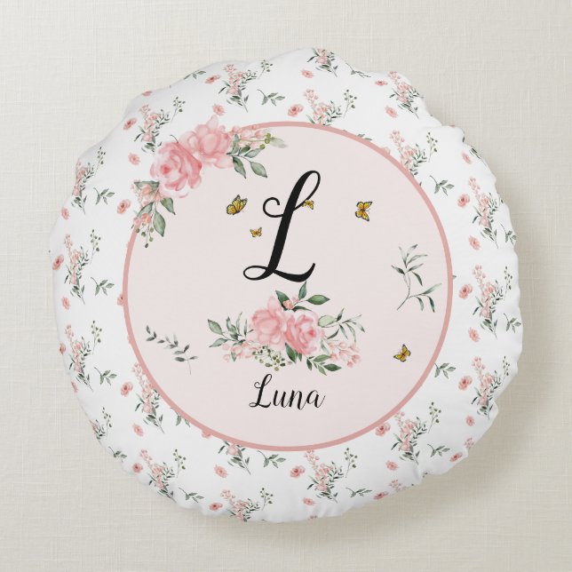 Elegant Pink Roses with Butterflies Round Pillow (Back)