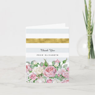 Elegant Pink Roses With FAUX Gold Stripe Thank You Card
