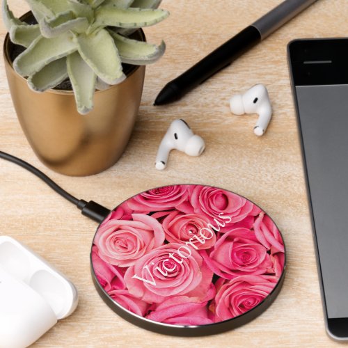 Elegant Pink Roses with Victorious Quote   Wireless Charger