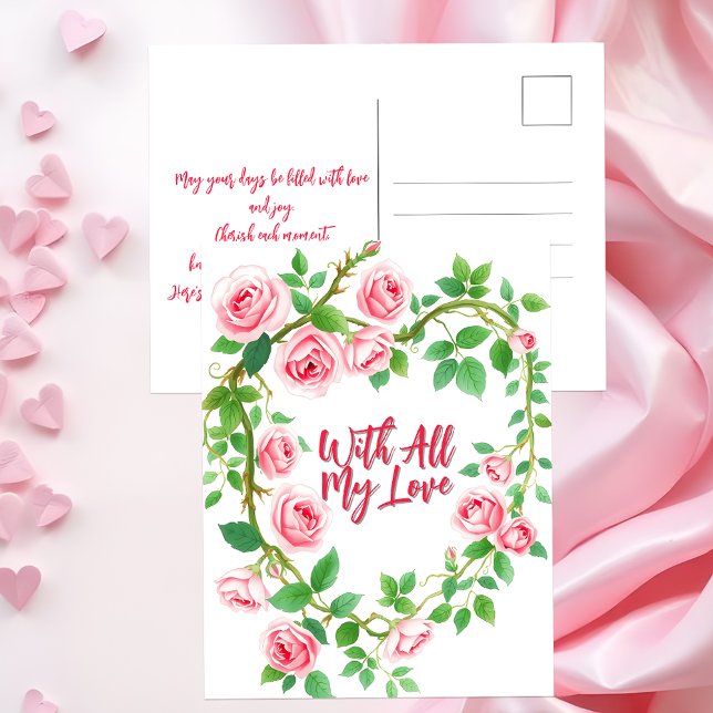 Elegant Pink Roses Wreath with Romantic Message Postcard (Creator Uploaded)