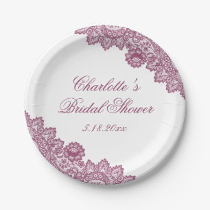 Elegant Pink Rustic Floral Lace Bridal Shower Paper Plates
