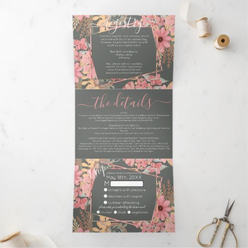 Elegant Pink Sage Flowers Registry Detail RSVP Tri_Fold Invitation