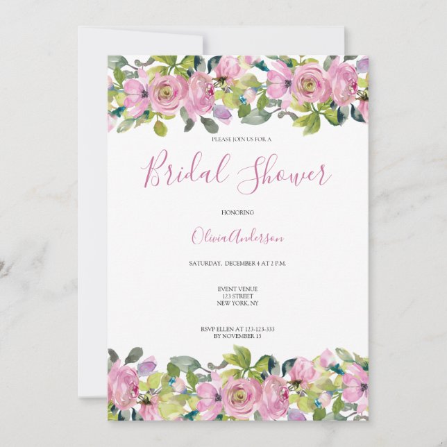 Elegant Pink Sage Watercolor Floral Bridal Shower Invitation (Front)