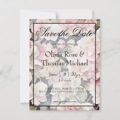 Elegant pink sage watercolor floral hydrangeas  save the date