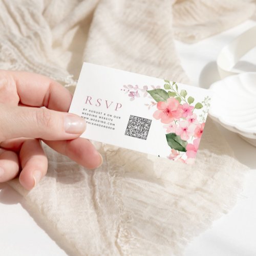 Elegant Pink Sakura Flowers Wedding QR Code RSVP Enclosure Card