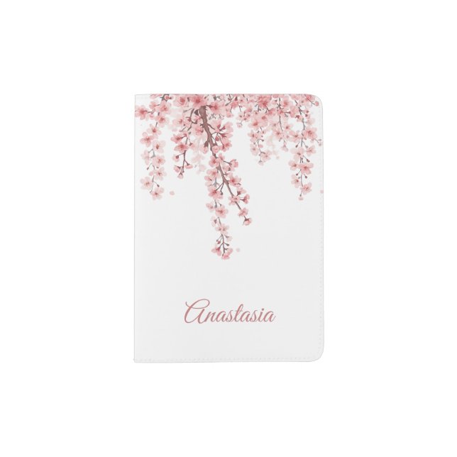 Elegant Pink Sakura Personalized Cherry Blossom  Passport Holder (Front)