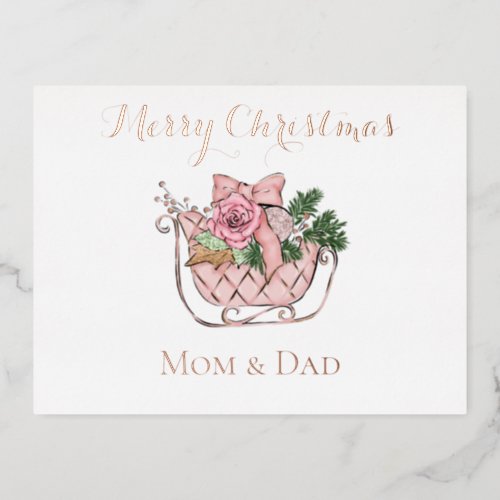 Elegant Pink Santa Sleigh Rose Gold Typography Foil Holiday Postcard