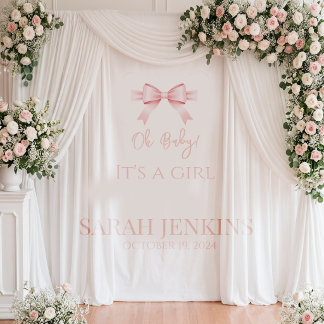 Elegant Pink Satin Bow Girl Baby Shower Backdrop