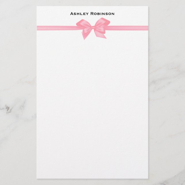 Elegant Pink Satin Bow on White Stationery (Front)