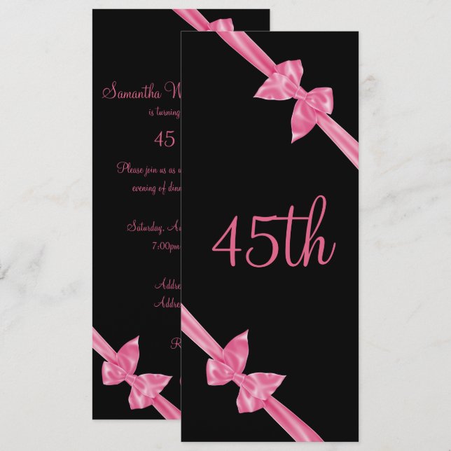 Elegant Pink Satin Bows 45th Birthday Invitation (Front/Back)