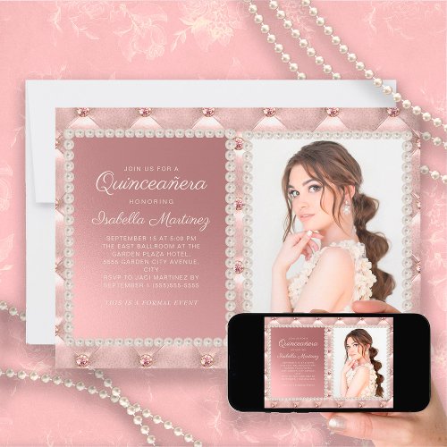 Elegant Pink Satin Pearls Jewels Photo Quinceaera Invitation