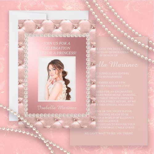 Elegant Pink Satin Quinceaera Photo Pearls Invitation