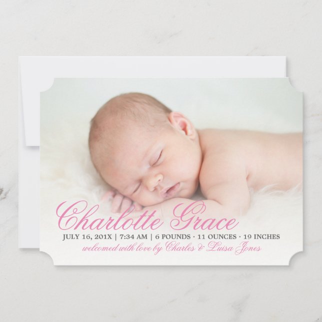 Elegant Pink Script Birth Announcement (Front)