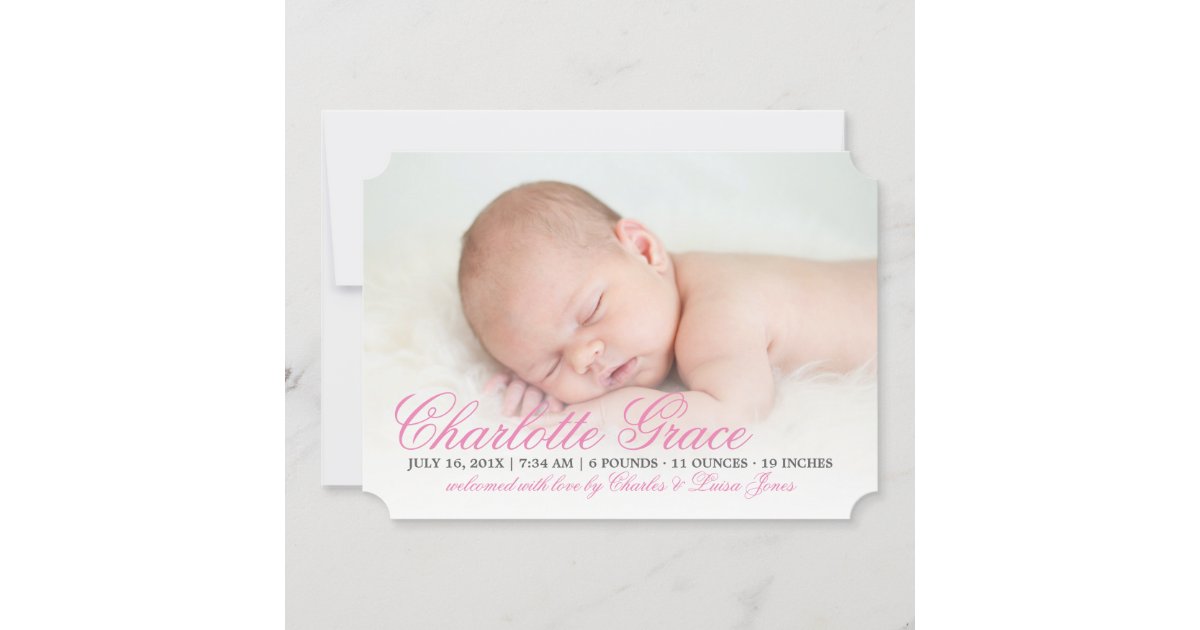 Elegant Pink Script Birth Announcement Zazzle