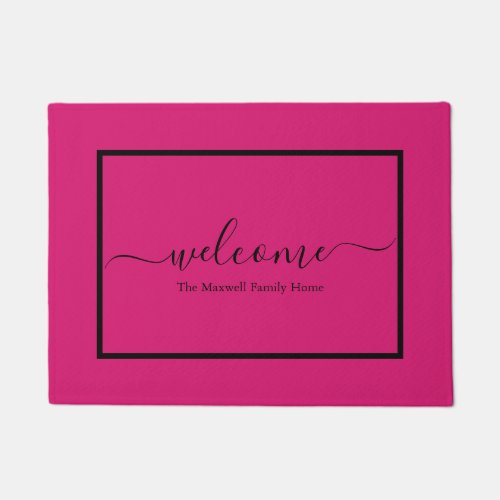 Elegant pink script family name welcome    doormat