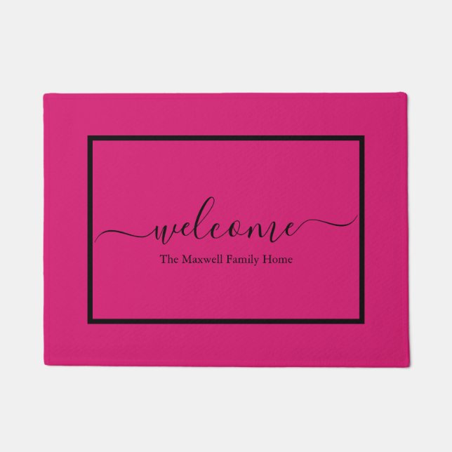 Elegant pink script family name welcome    doormat (Front)