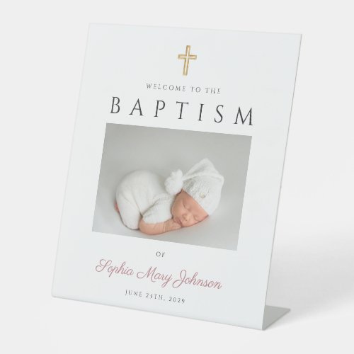 Elegant Pink Script Girl Baptism Photo Welcome Pedestal Sign